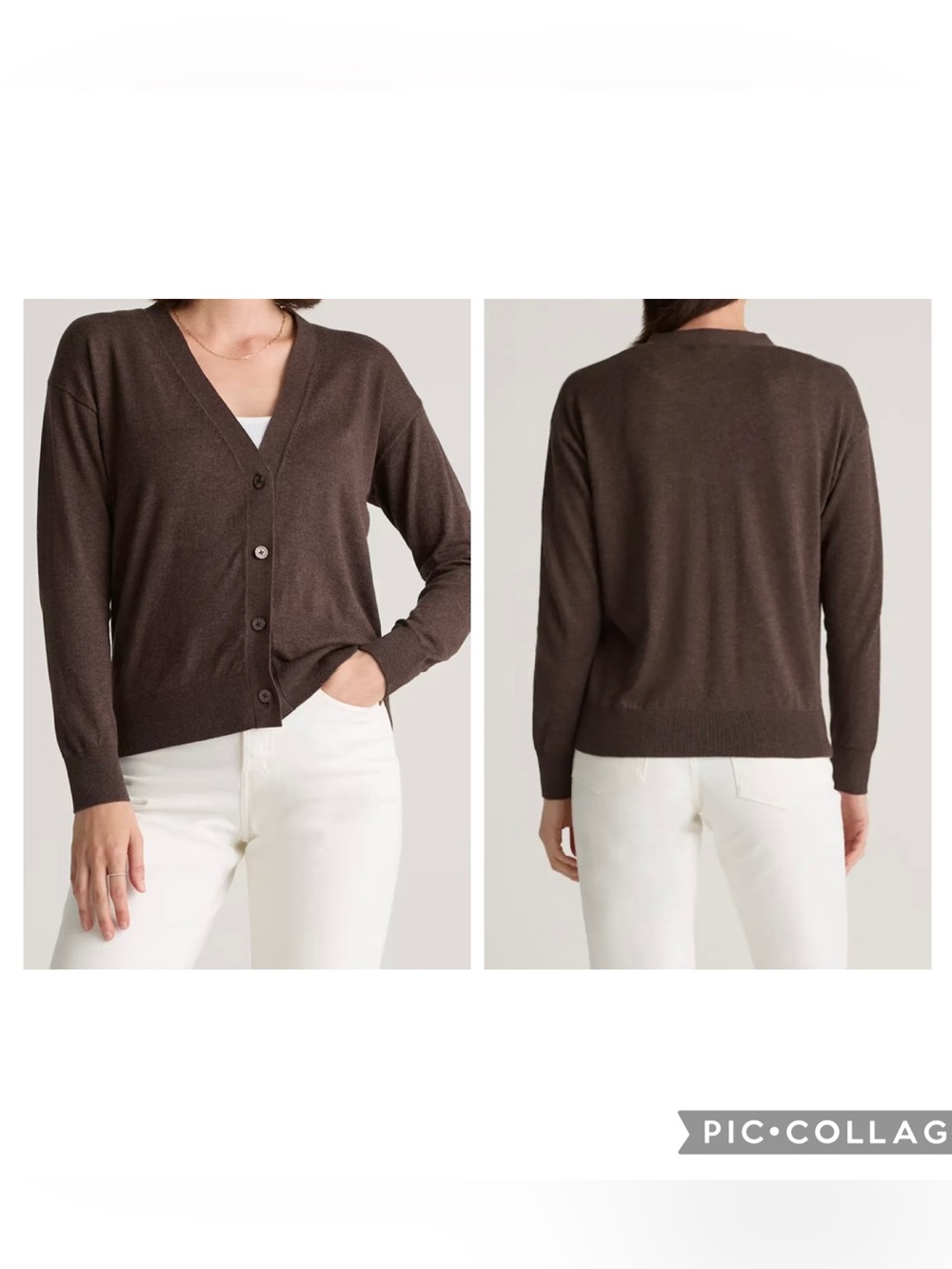 QUINCE Women’s Mocha Heather Lightweight Cotton/Cashmere V-Neck Cardigan Size XS